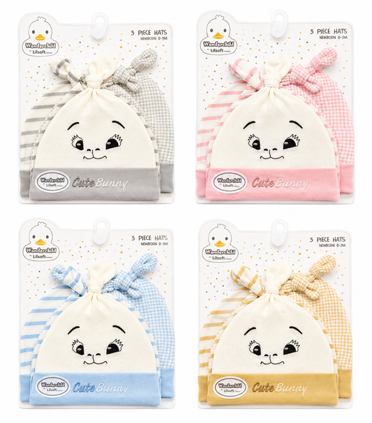 Piece Newborn Baby Hat Set – Cute Bunny Cotton Caps (4 Colors) | Soft Baby Hats 0–3 Months