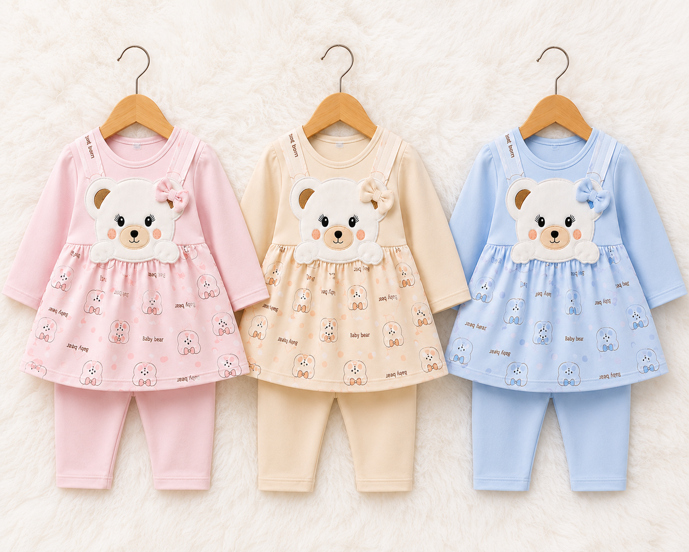 Baby Girl Bear 2 Piece Outfit | Soft Full Sleeve Dress Set
