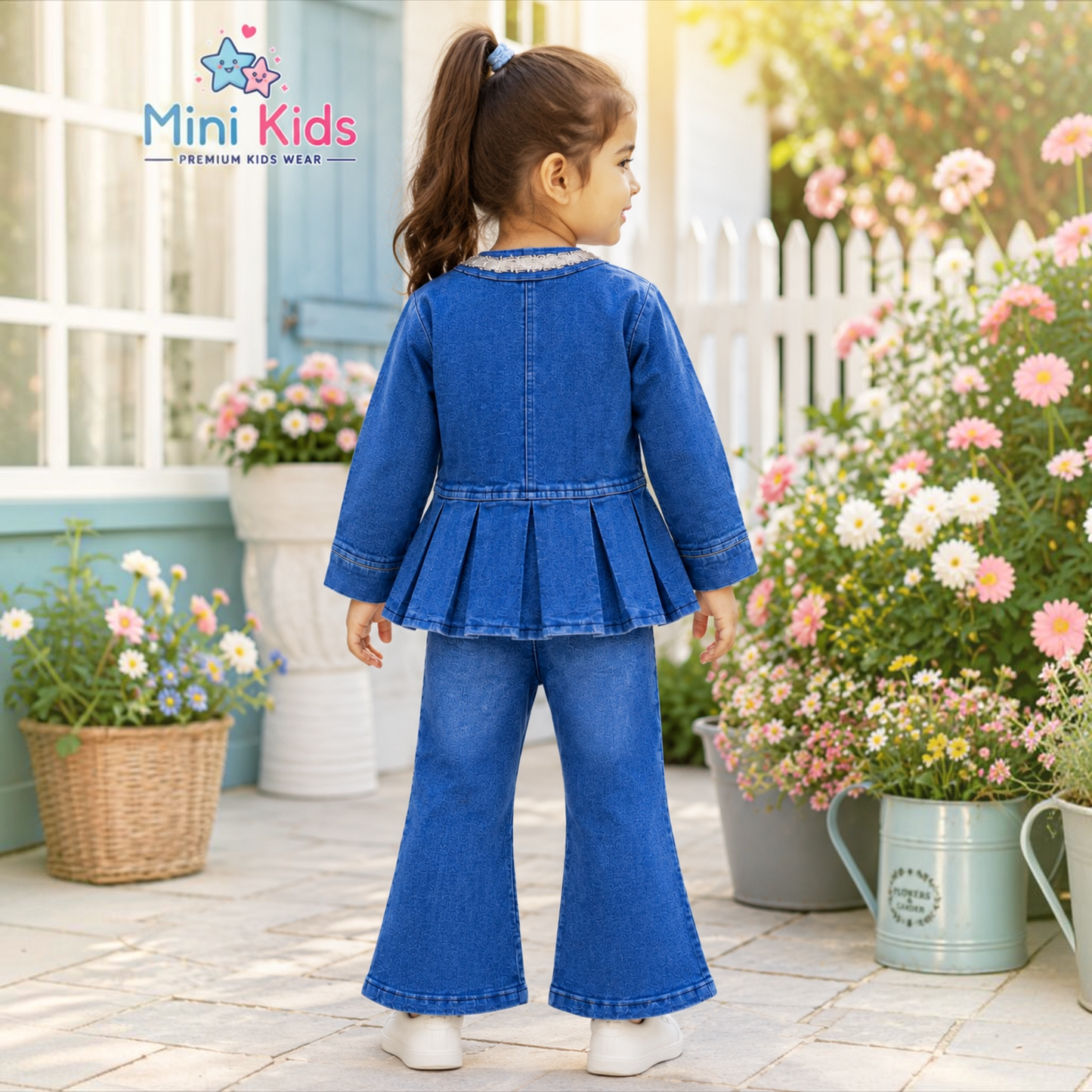 3 Piece Denim Outfit Set | Pearl Embellished Jacket, Printed T-Shirt & Flared Pants | Sizes 1β12 Years