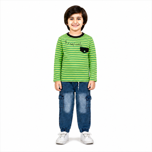 Boys Full Sleeve T-Shirt with Denim Cargo Jogger Pants | Kids Casual Outfit