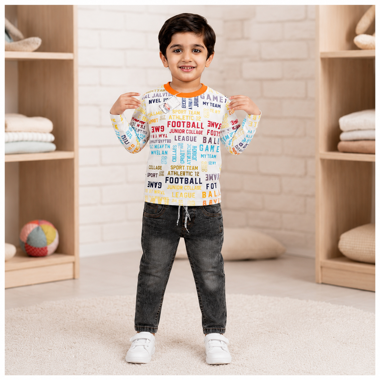Boys Printed Full Sleeve T-Shirt with Denim Jeans | wilayat