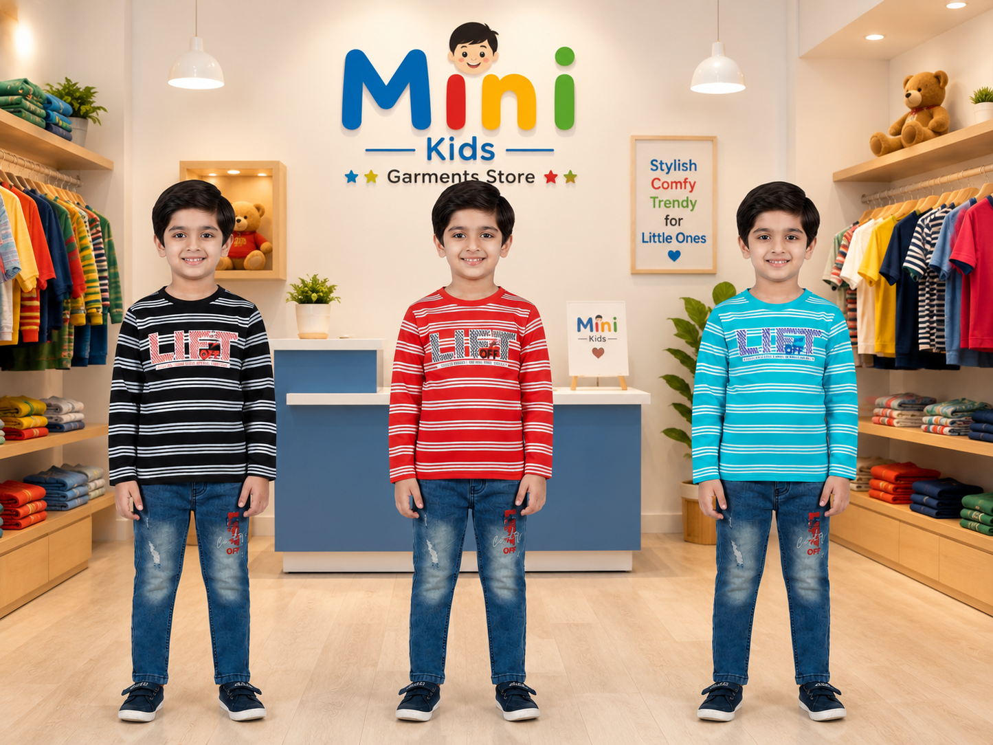 Boys Striped Full Sleeve T-Shirts with Denim Set