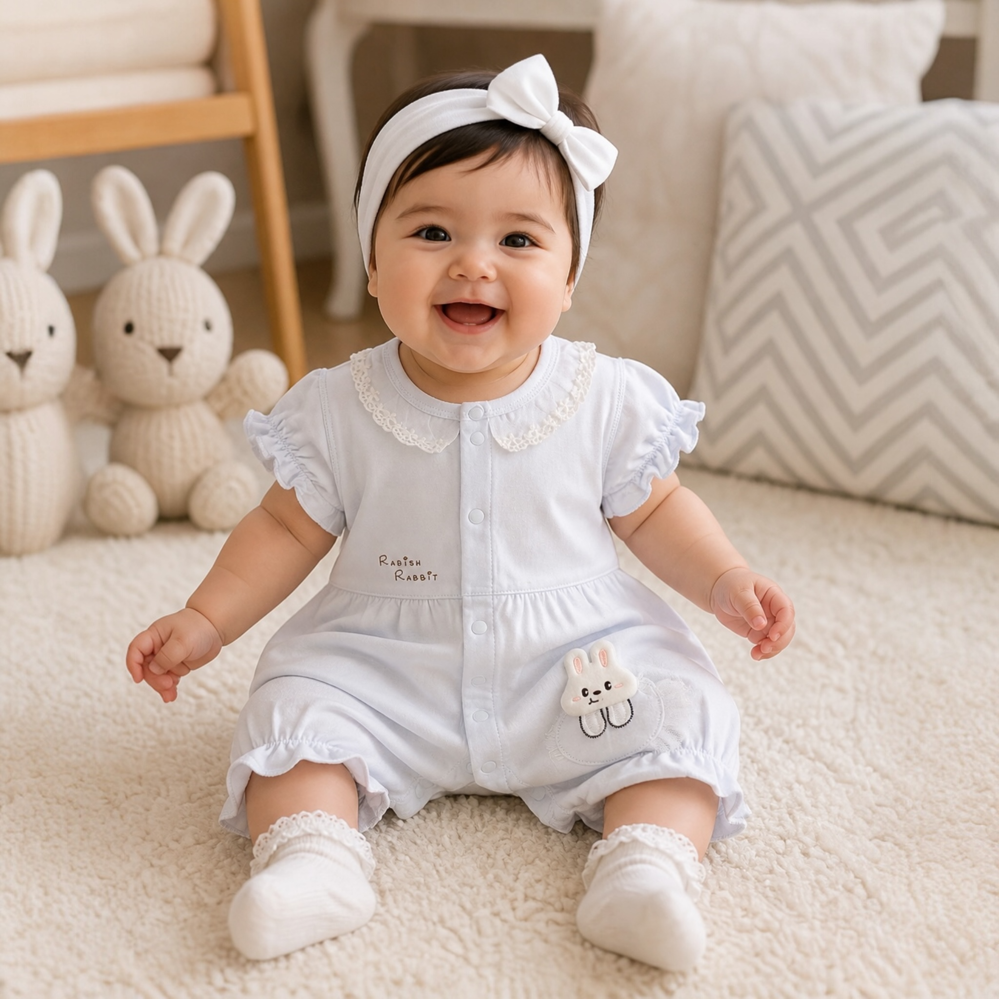 Baby Girl  imported Romper with Lace Collar & Bunny Patch – Soft Summer Outfit