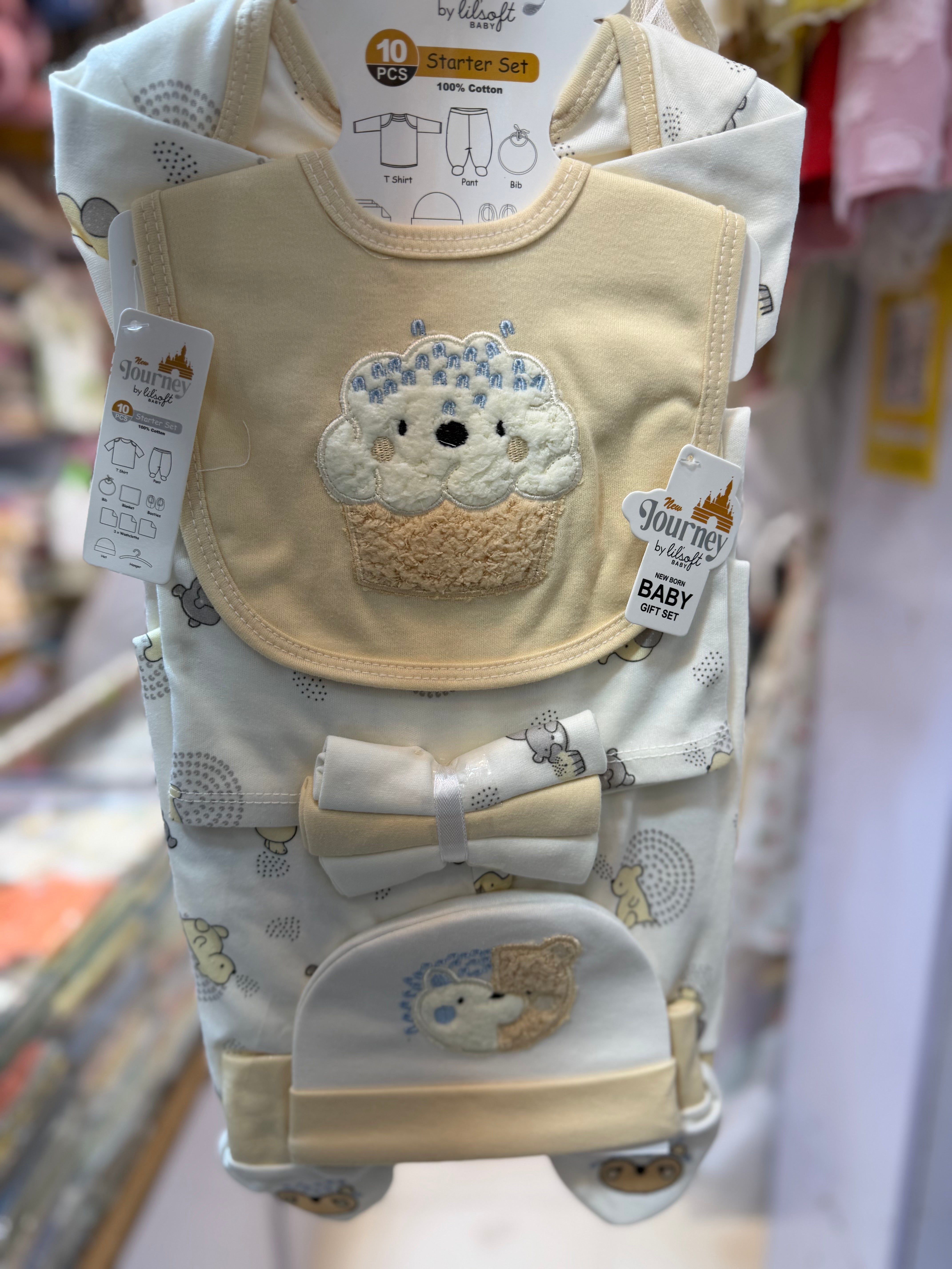 10 Piece Newborn Baby Starter Set – Unisex Cotton Gift Set with Shirt, Pajama, Bib, Blanket, Cap, Booties & Wash Cloths