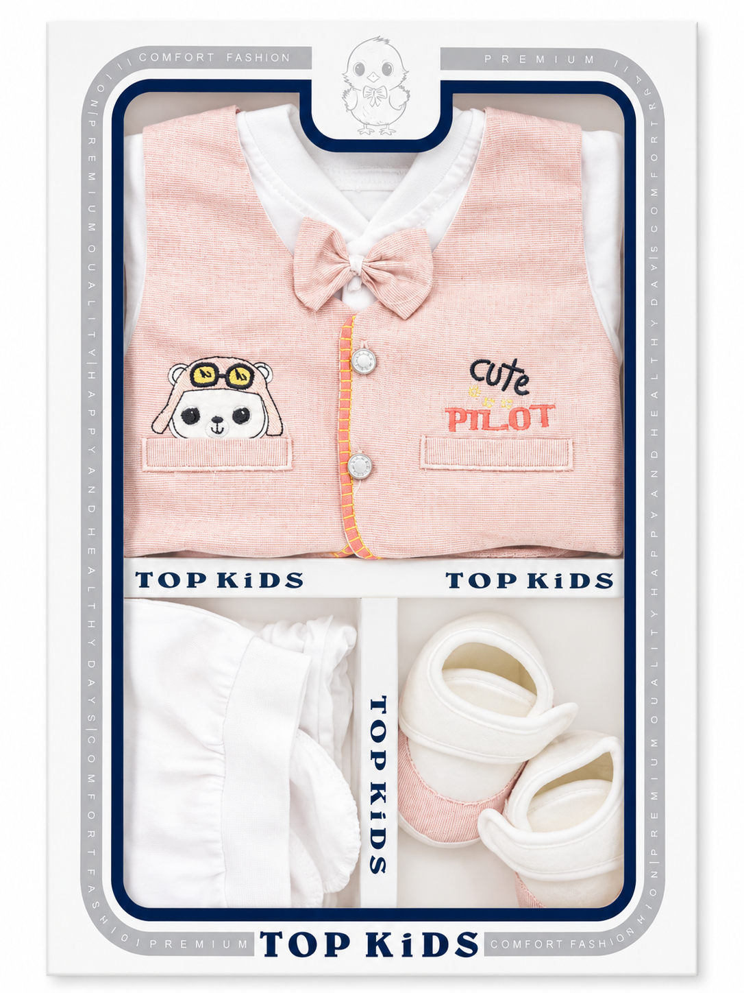 Baby Boy Cute Pilot Dress Set – Premium Newborn Cotton Outfit with Bow Tie & Booties(0-3Months)
