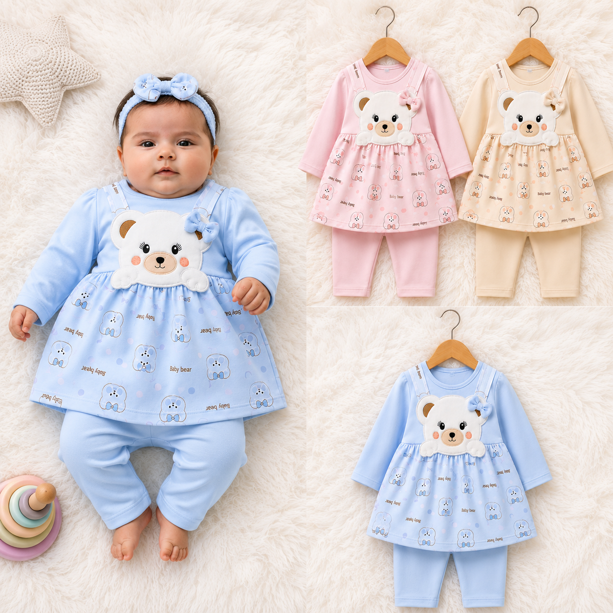 Baby Girl Bear 2 Piece Outfit | Soft Full Sleeve Dress Set