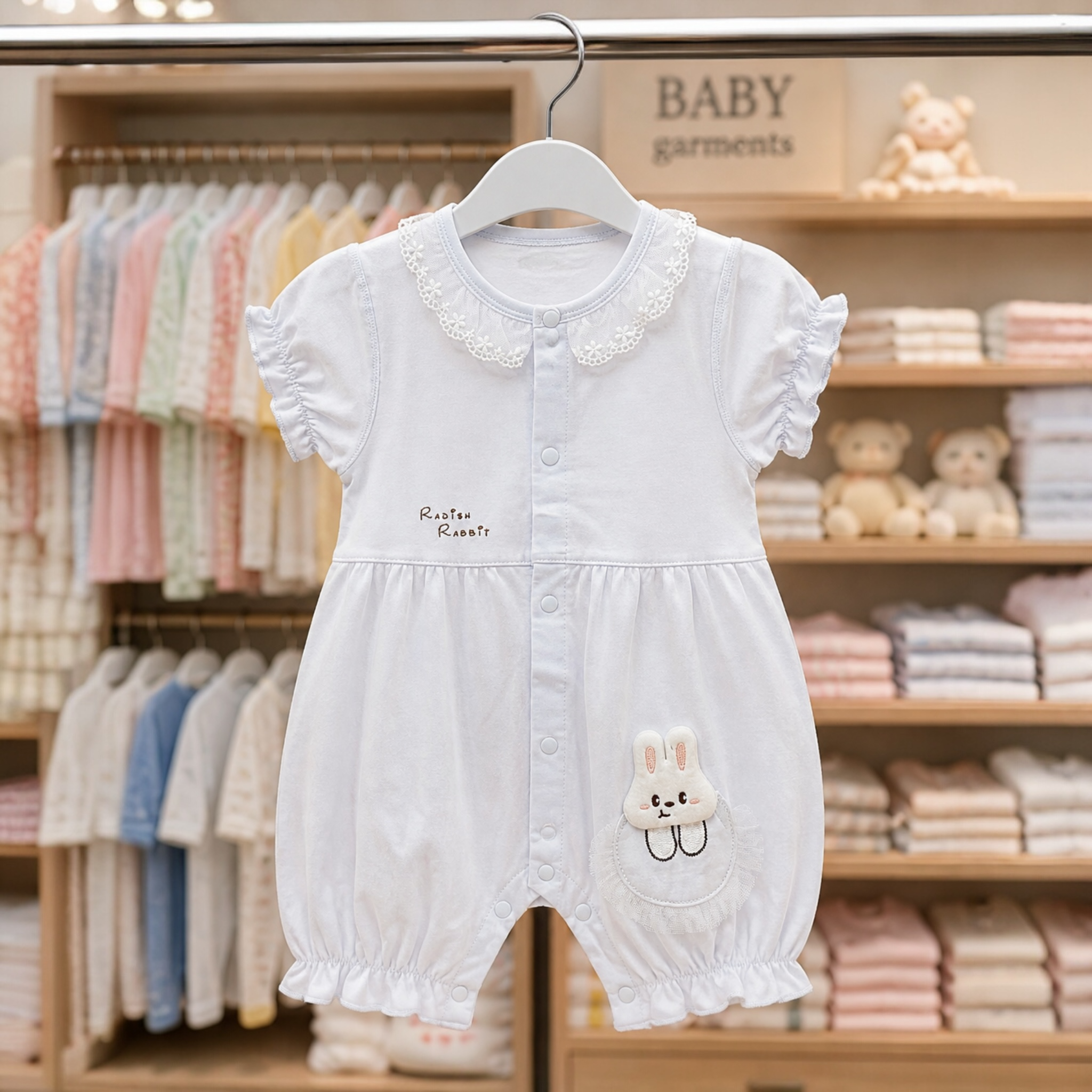 Baby Girl  imported Romper with Lace Collar & Bunny Patch – Soft Summer Outfit