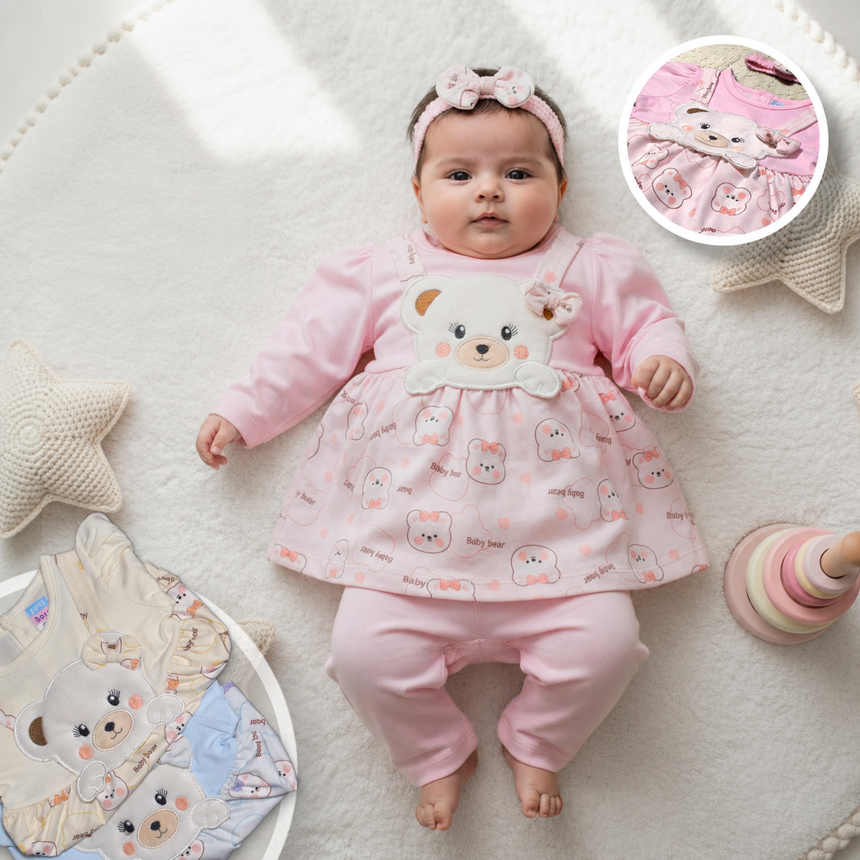 Baby Girl Bear 2 Piece Outfit | Soft Full Sleeve Dress Set