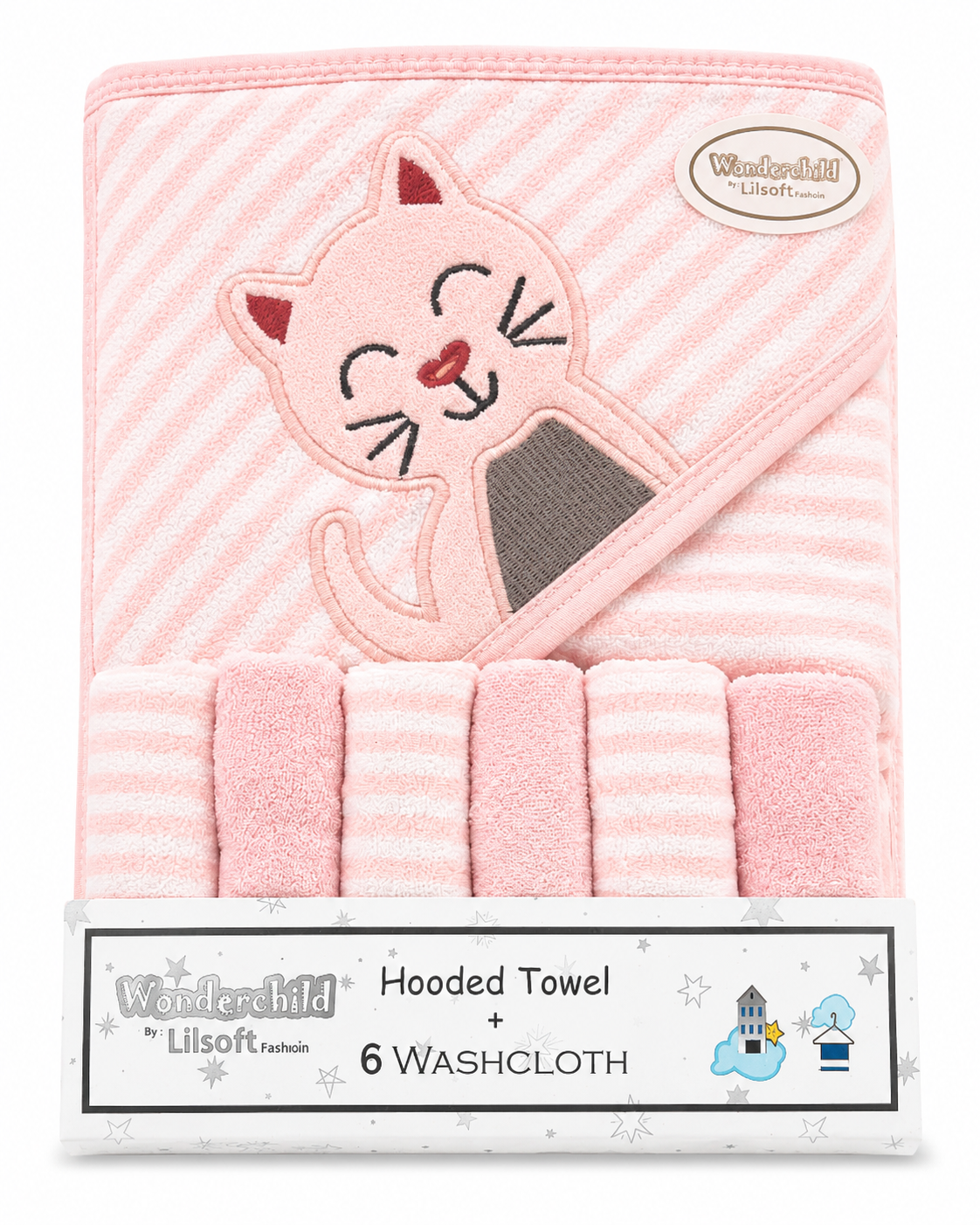 7 Piece Baby Hooded Bath Towel Set (0–9 Months) | 1 Bath Towel & 6 Wash Cloths | Soft Terry Cotton