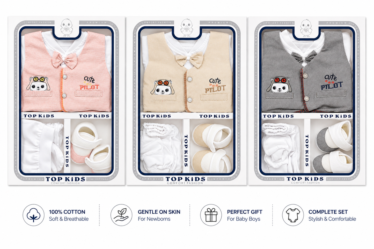 Baby Boy Cute Pilot Dress Set – Premium Newborn Cotton Outfit with Bow Tie & Booties(0-3Months)