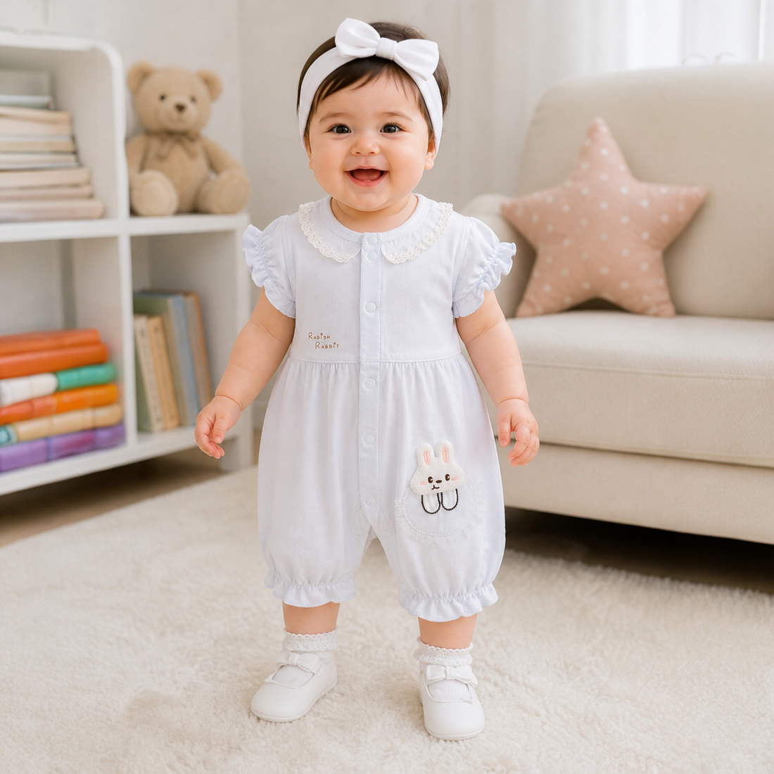 Baby Girl  imported Romper with Lace Collar & Bunny Patch – Soft Summer Outfit