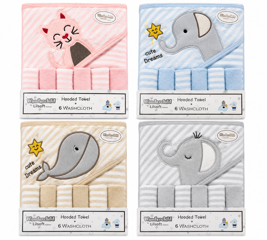 7 Piece Baby Hooded Bath Towel Set (0–9 Months) | 1 Bath Towel & 6 Wash Cloths | Soft Terry Cotton