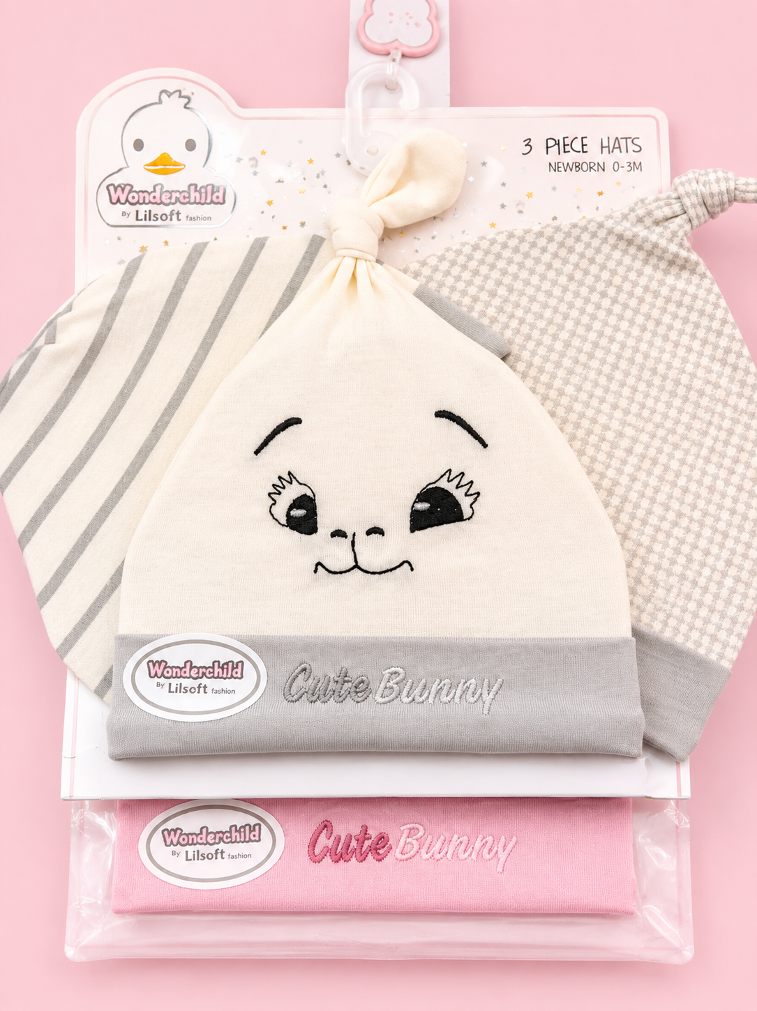 Piece Newborn Baby Hat Set – Cute Bunny Cotton Caps (4 Colors) | Soft Baby Hats 0–3 Months