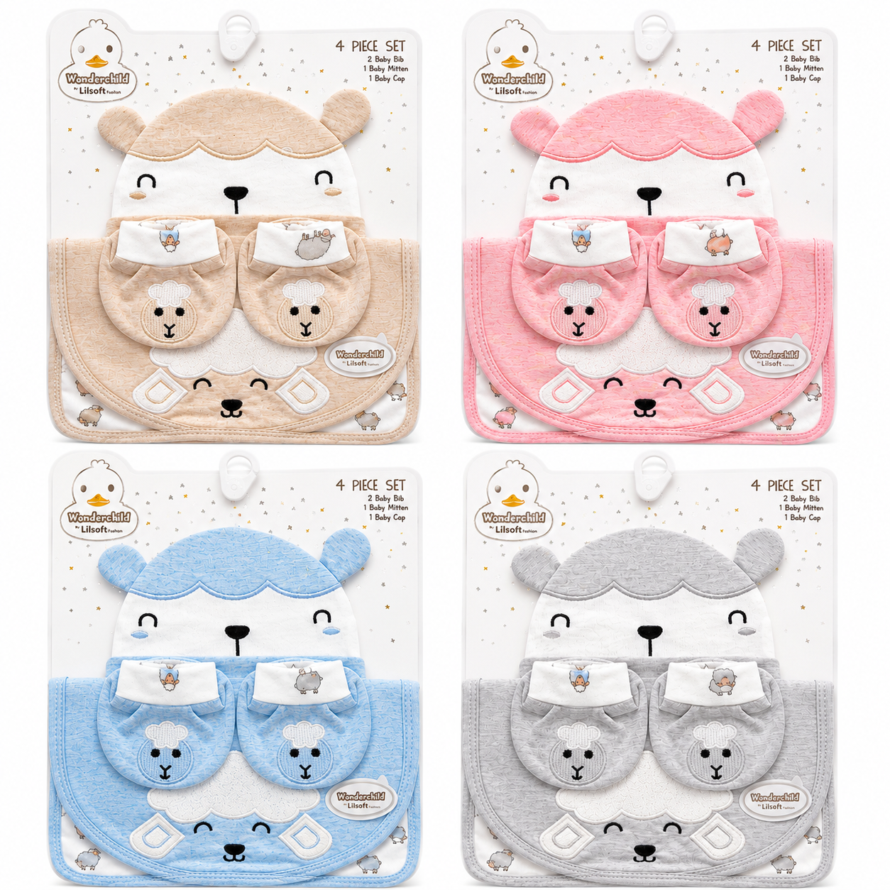 4 Piece Baby Gift Set – Baby Cap, 2 Baby Bibs & Baby Mittens(0-9Months)