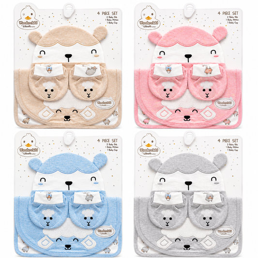 4 Piece Baby Gift Set – Baby Cap, 2 Baby Bibs & Baby Mittens(0-9Months)