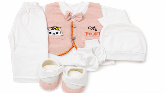 Baby Boy Cute Pilot Dress Set – Premium Newborn Cotton Outfit with Bow Tie & Booties(0-3Months)