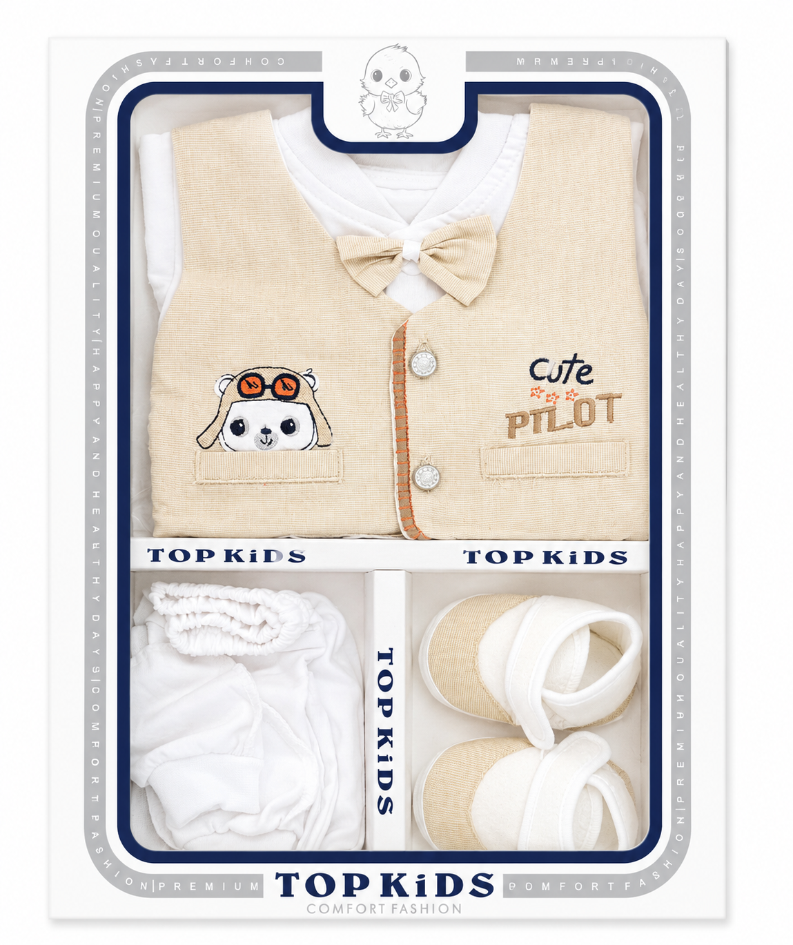 Baby Boy Cute Pilot Dress Set – Premium Newborn Cotton Outfit with Bow Tie & Booties(0-3Months)
