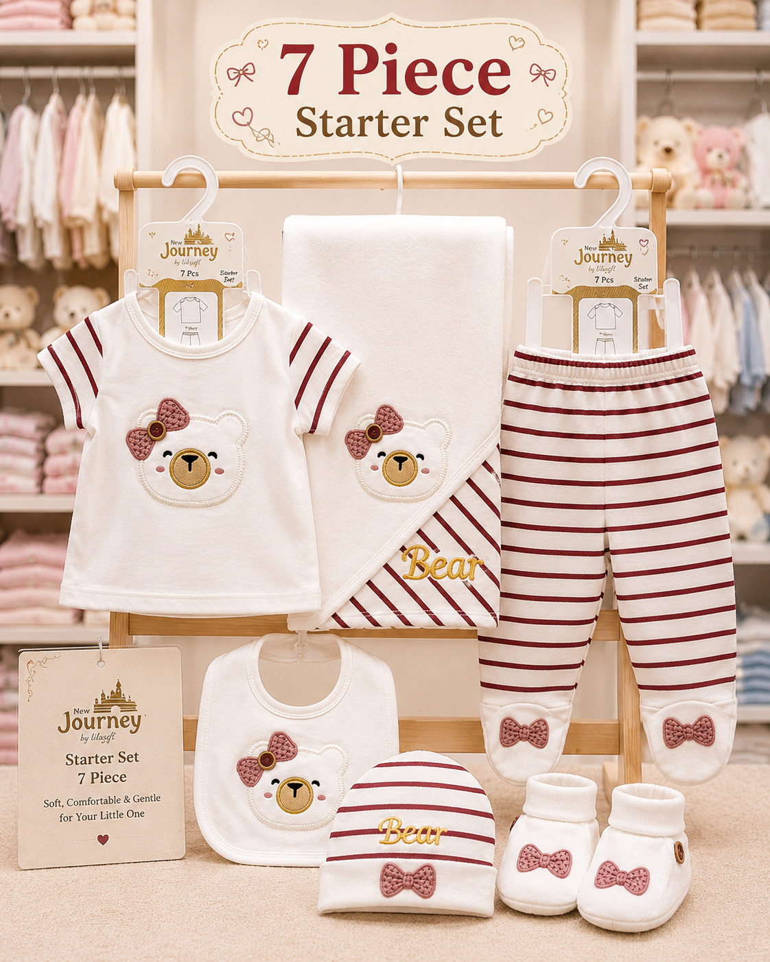 7 Piece Baby Girl Starter Set – Cotton Newborn Gift Set with Shirt, Pajama, Bib, Blanket, Cap & Booties