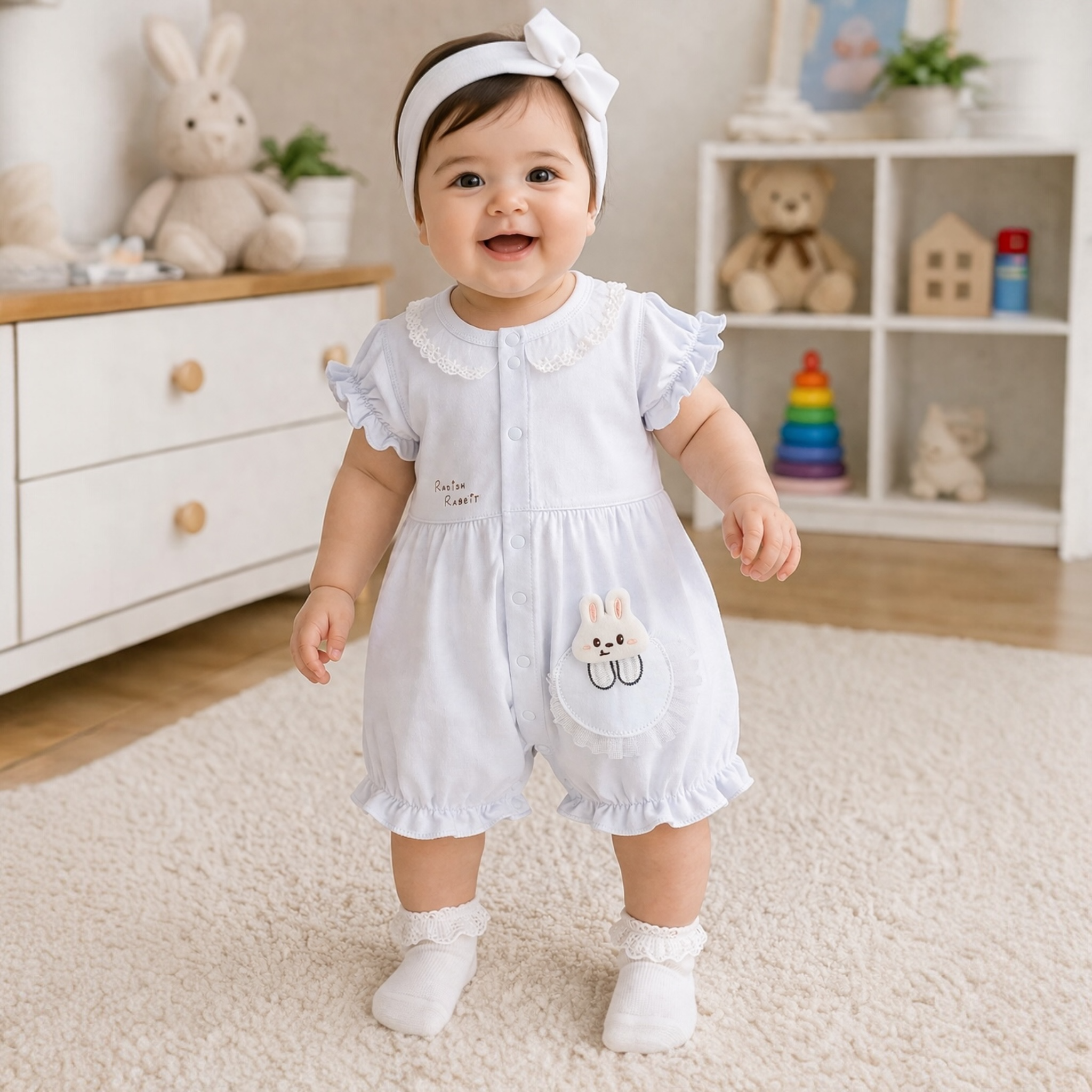Baby Girl  imported Romper with Lace Collar & Bunny Patch – Soft Summer Outfit