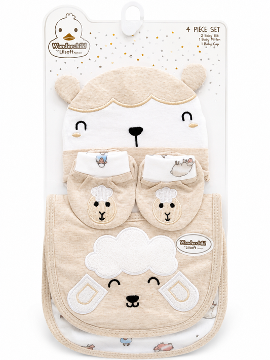 4 Piece Baby Gift Set – Baby Cap, 2 Baby Bibs & Baby Mittens(0-9Months)