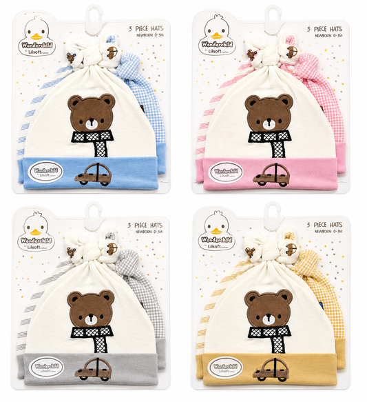 3 Piece Newborn Baby Hat Set – Soft Cotton Knotted Caps (4 Colors Available, 0–3 Months)