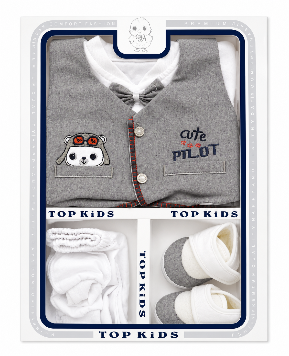 Baby Boy Cute Pilot Dress Set – Premium Newborn Cotton Outfit with Bow Tie & Booties(0-3Months)