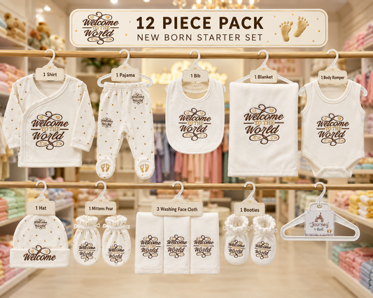 12 Piece Newborn Starter Gift Set | Welcome to the World  (0-3 Months)Colors
