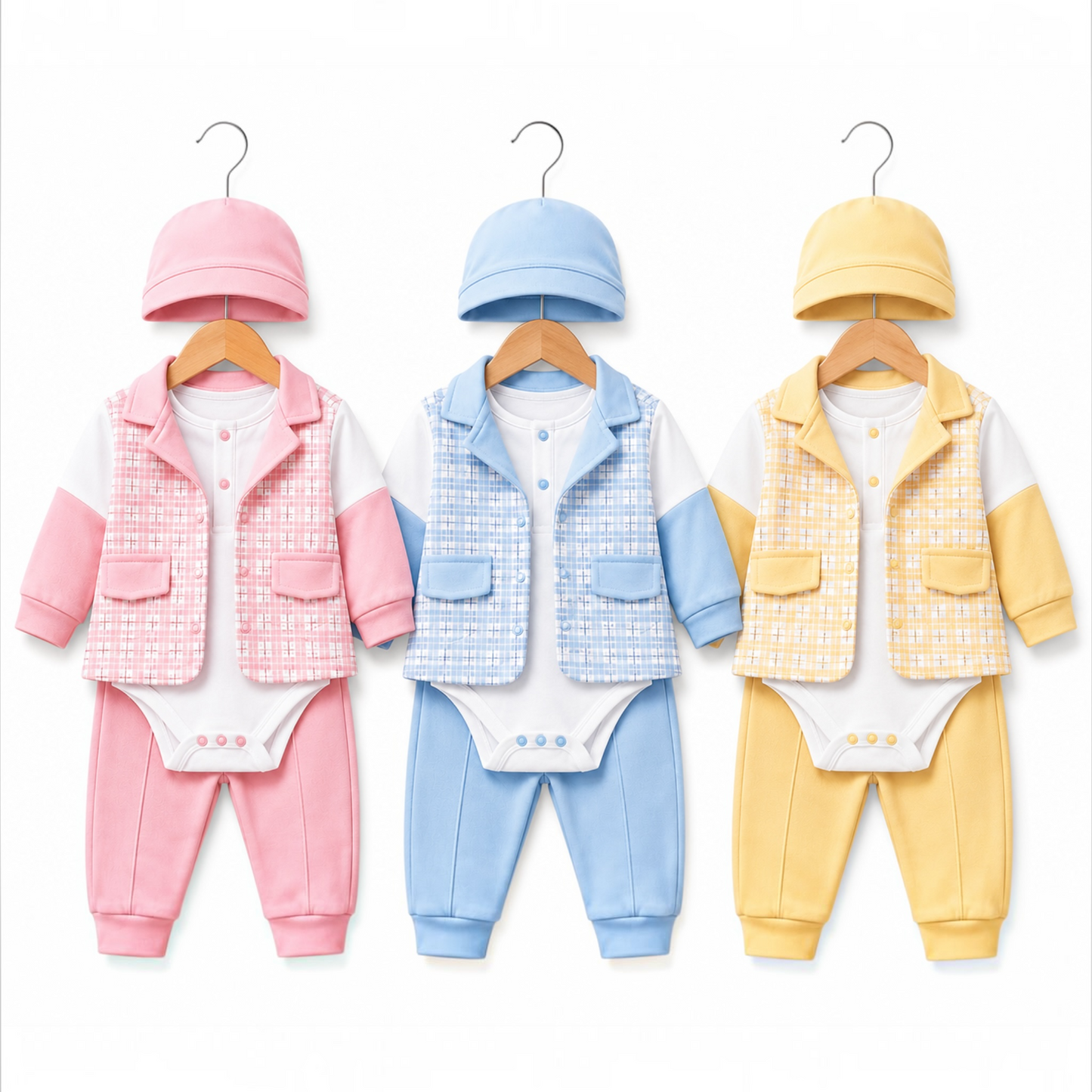 4-Piece Baby Cotton Outfit Set with Cap – Pink, Sky Blue & Yellow | Newborn