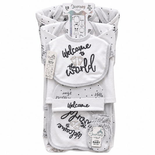12 Piece Newborn Baby Starter Gift Set | Cotton Baby Clothes with Hanger | Welcome to the World(0-3Months)