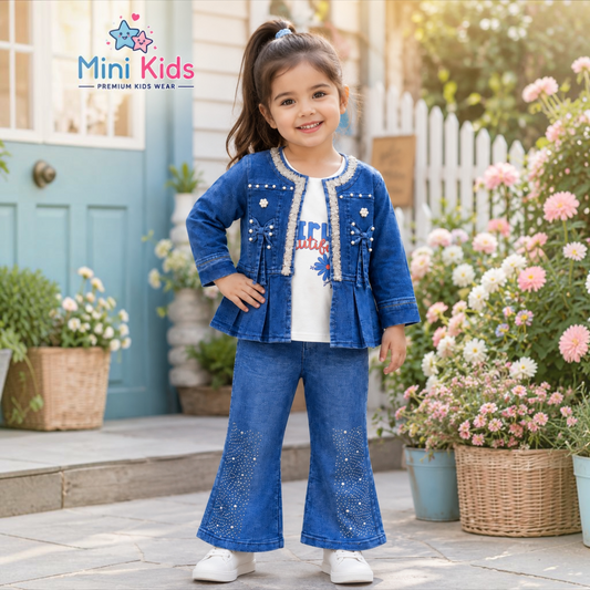 3 Piece Denim Outfit Set | Pearl Embellished Jacket, Printed T-Shirt & Flared Pants | Sizes 1–12 Years