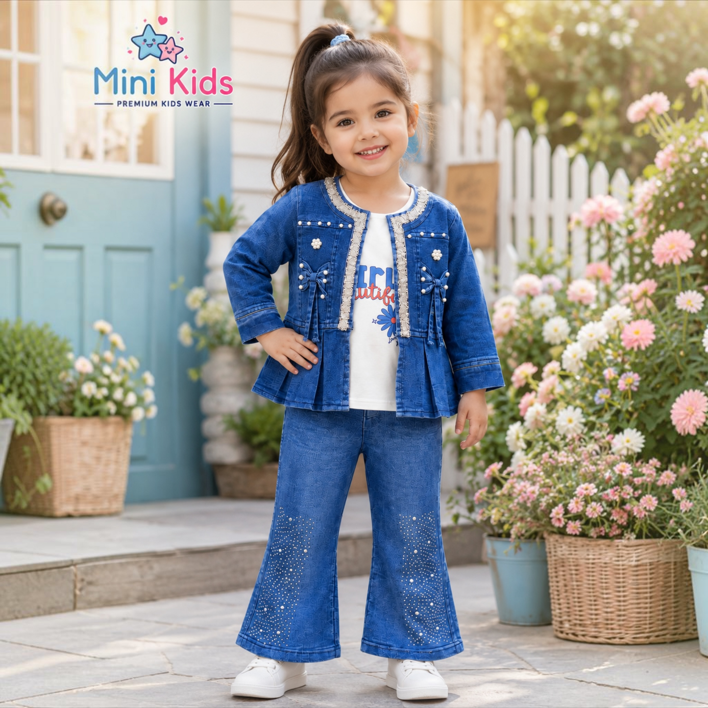 3 Piece Denim Outfit Set | Pearl Embellished Jacket, Printed T-Shirt & Flared Pants | Sizes 1–12 Years