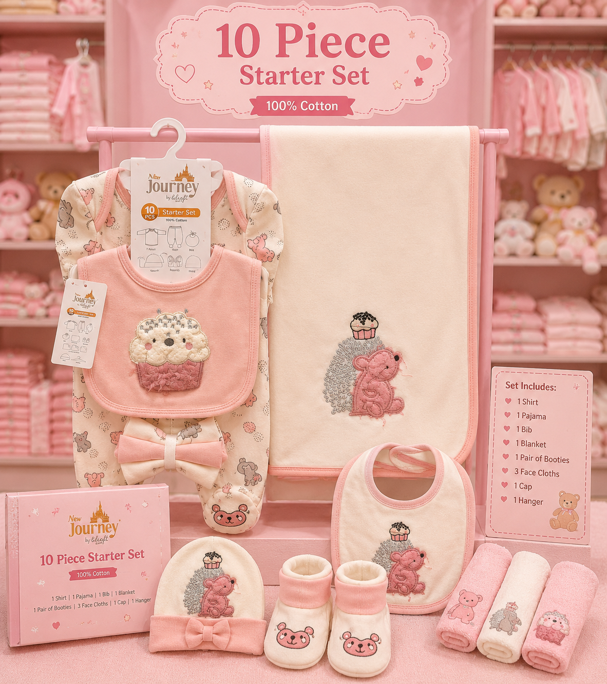 10 Piece Newborn Baby Starter Set – Unisex Cotton Gift Set with Shirt, Pajama, Bib, Blanket, Cap, Booties & Wash Cloths