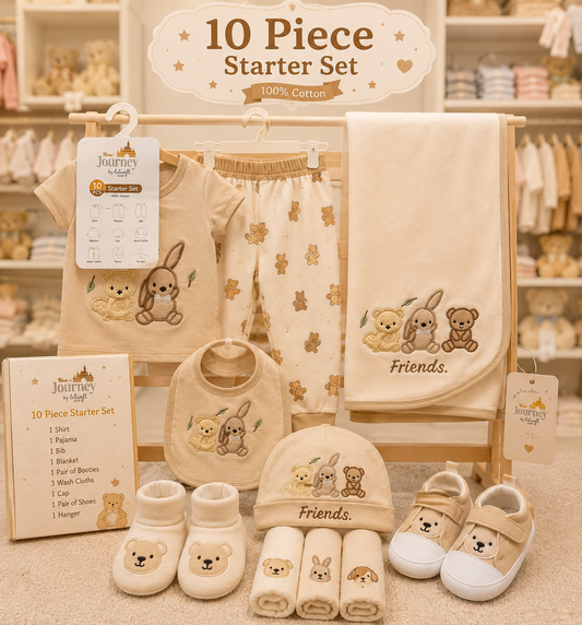 10 Piece Newborn Baby Starter Set – Premium Cotton Full Romper, Pajama, Bib, Blanket, Cap, Booties & Wash Cloths