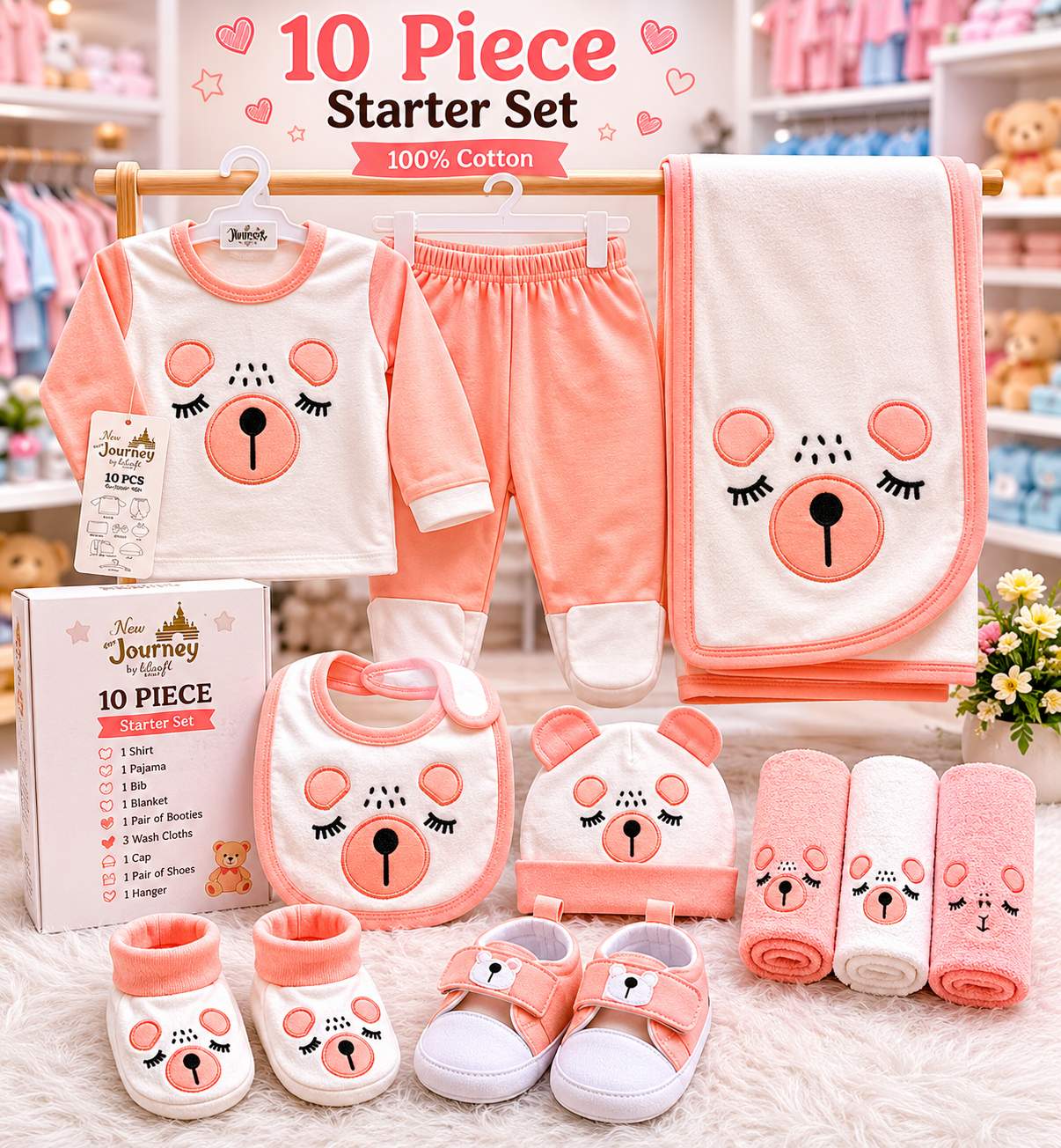 10 Piece Newborn Baby Starter Set – Soft Cotton Bear Print Gift Set with Shirt, Pajama, Bib, Blanket, Cap, Booties & Wash Cloths