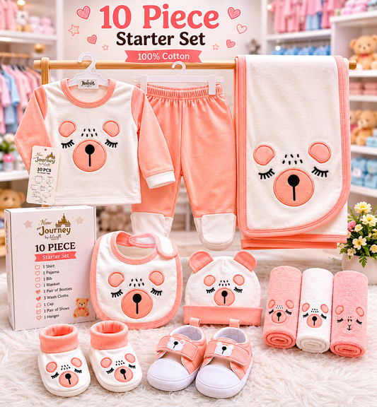 10 Piece Newborn Baby Starter Set – Soft Cotton Bear Print Gift Set with Shirt, Pajama, Bib, Blanket, Cap, Booties & Wash Cloths