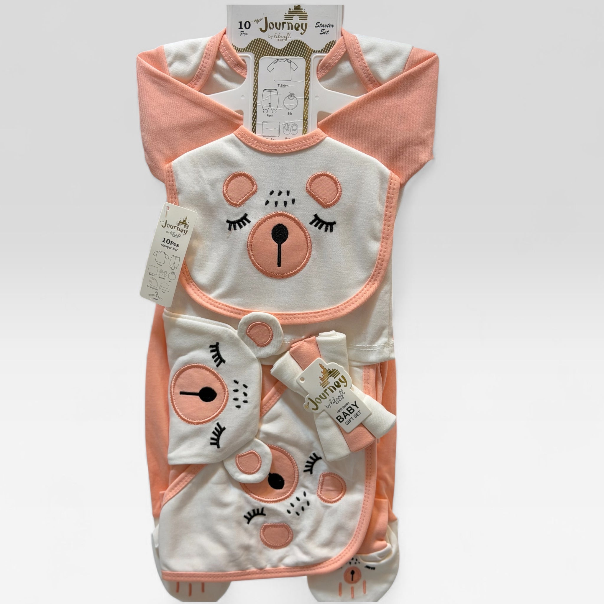 10 Piece Newborn Baby Starter Set – Soft Cotton Bear Print Gift Set with Shirt, Pajama, Bib, Blanket, Cap, Booties & Wash Cloths