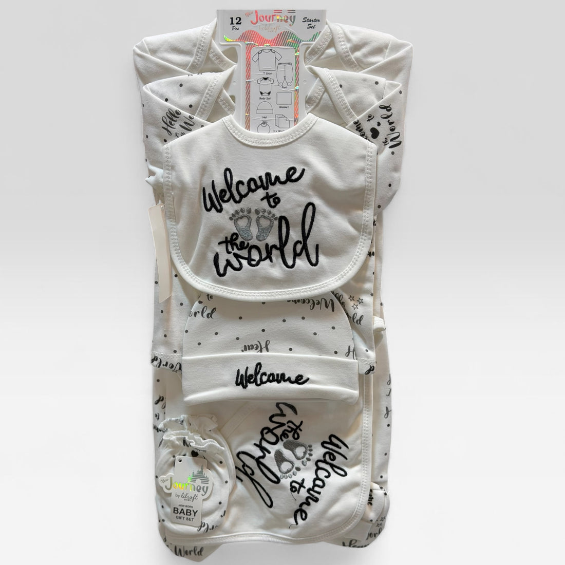 13 Piece Newborn Baby Starter Set – 100% Cotton Welcome to the World Gift Set with Romper, Blanket, Cap, Bib, Booties & Shoes