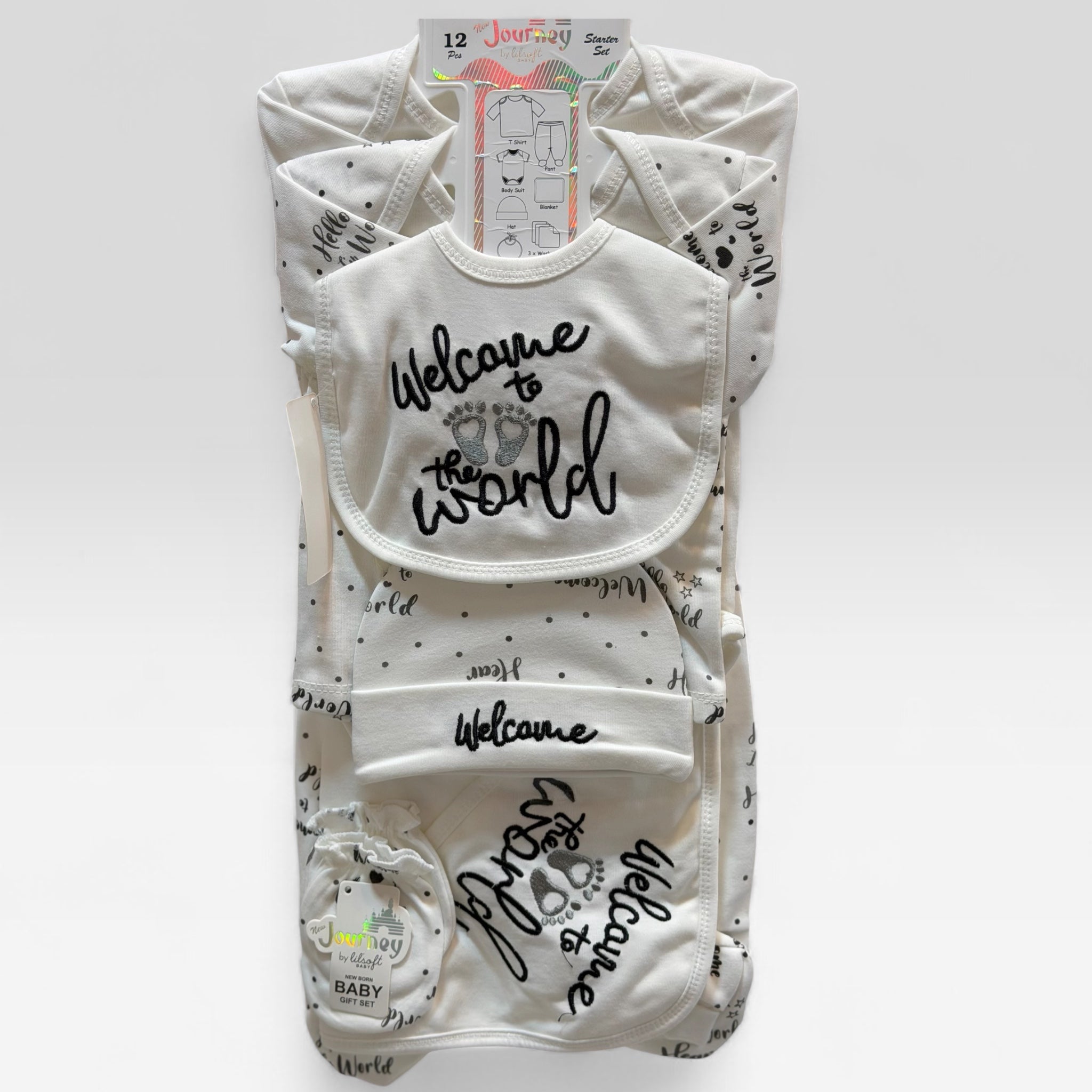 13 Piece Newborn Baby Starter Set – 100% Cotton Welcome to the World Gift Set with Romper, Blanket, Cap, Bib, Booties & Shoes
