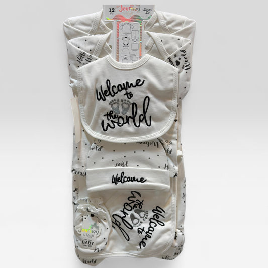 12 Piece Newborn Baby Starter Set – 100% Cotton Welcome to the World Gift Set with Romper, Blanket, Cap, Bib, Booties & Shoes