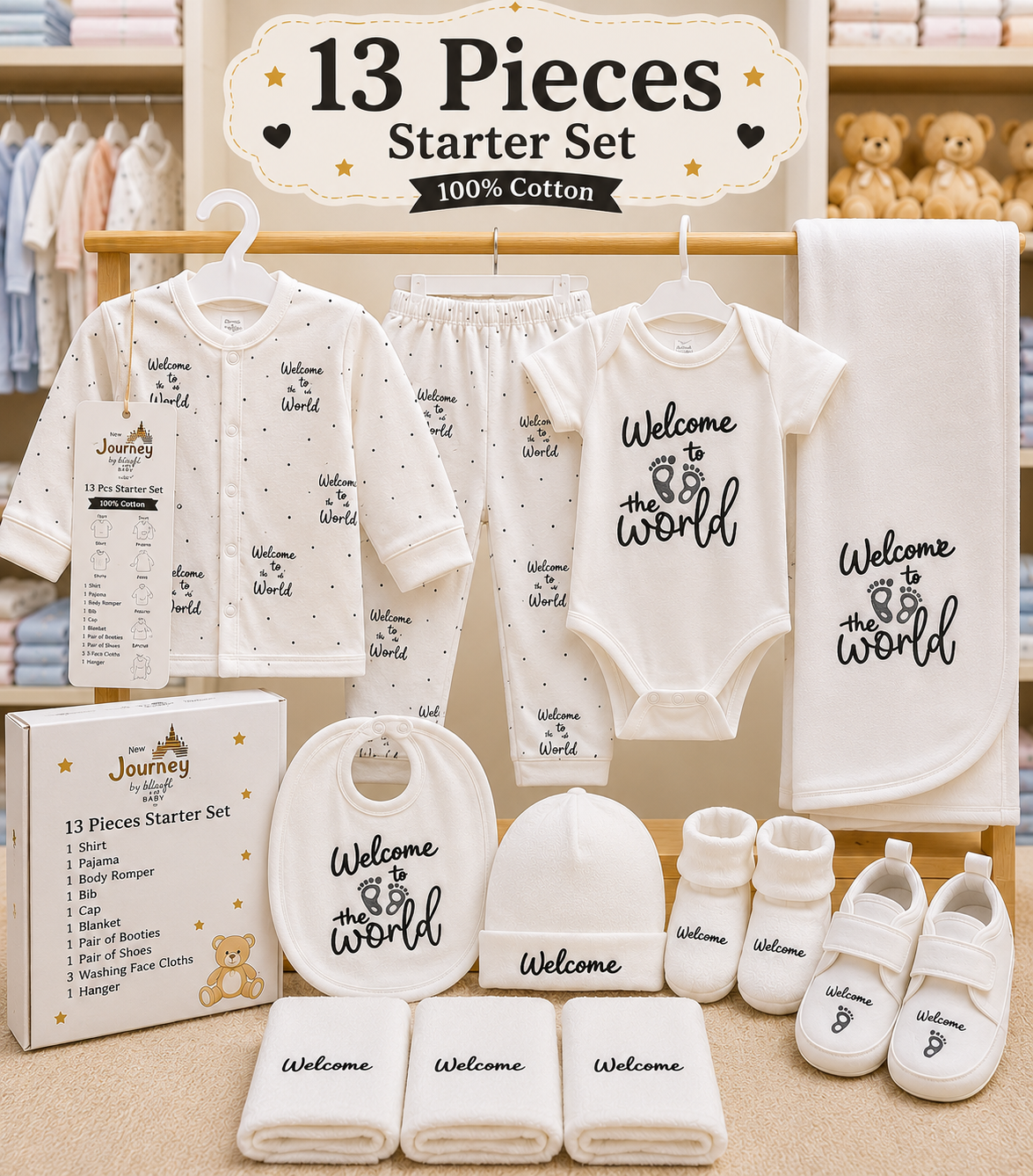 13 Piece Newborn Baby Starter Set – 100% Cotton Welcome to the World Gift Set with Romper, Blanket, Cap, Bib, Booties & Shoes