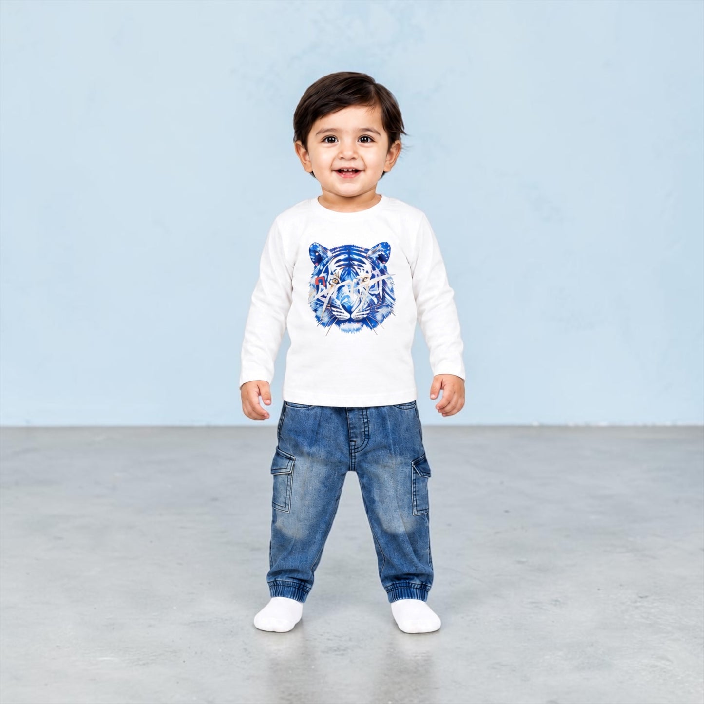 Baby Boys Tiger Print Full Sleeve T-Shirt & Denim Pants Set | 2-Piece Outfit