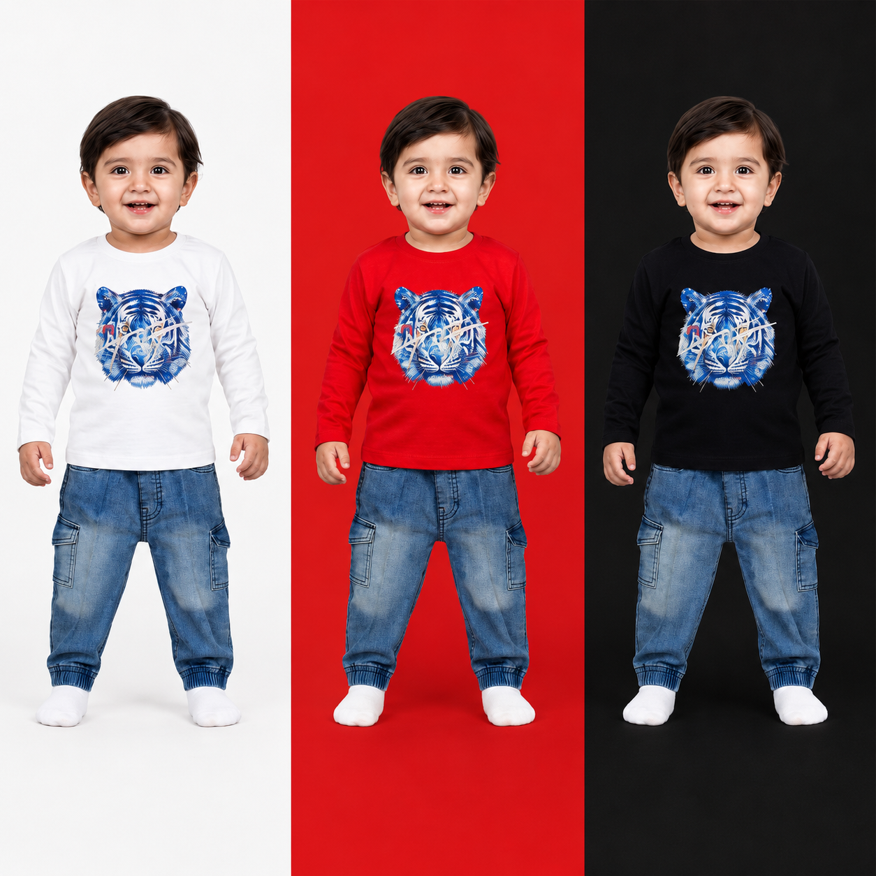 Baby Boys Tiger Print Full Sleeve T-Shirt & Denim Pants Set | 2-Piece Outfit