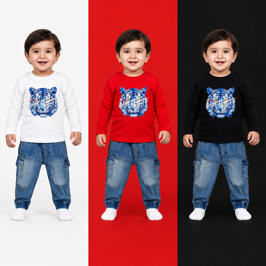 Baby Boys Tiger Print Full Sleeve T-Shirt & Denim Pants Set | 2-Piece Outfit