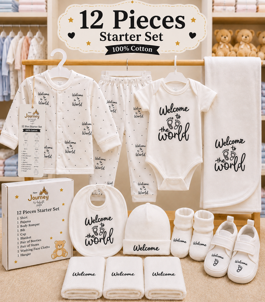 12 Piece Newborn Baby Starter Set – 100% Cotton Welcome to the World Gift Set with Romper, Blanket, Cap, Bib, Booties & Shoes