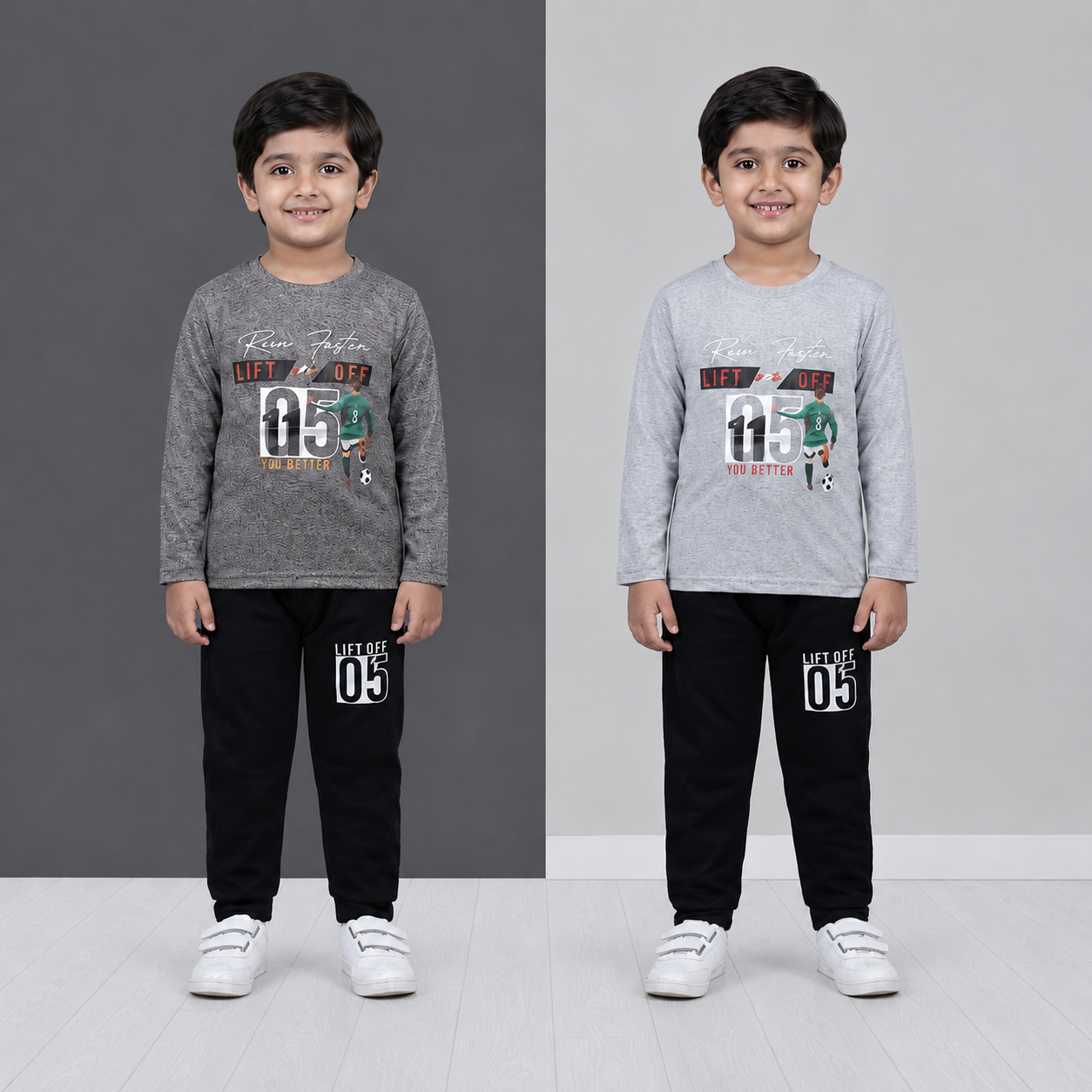 Boys Winter Tracksuit – Grey Cotton Full Sleeves T-Shirt & Black Trouser Set