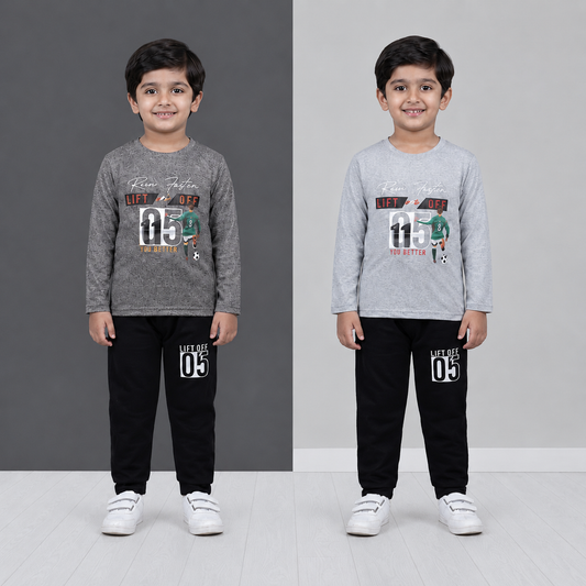 Boys Winter Tracksuit – Grey Cotton Full Sleeves T-Shirt & Black Trouser Set