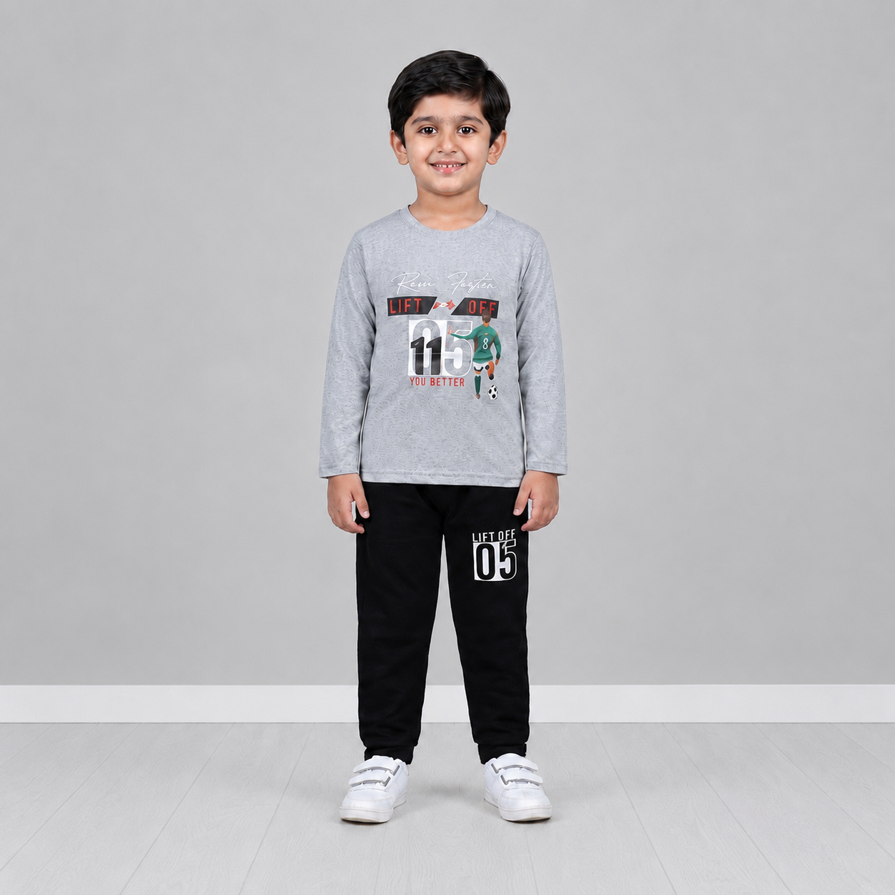 Boys Winter Tracksuit – Grey Cotton Full Sleeves T-Shirt & Black Trouser Set