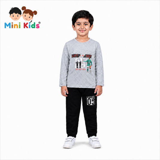 Boys Winter Tracksuit – Grey Cotton Full Sleeves T-Shirt & Black Trouser Set