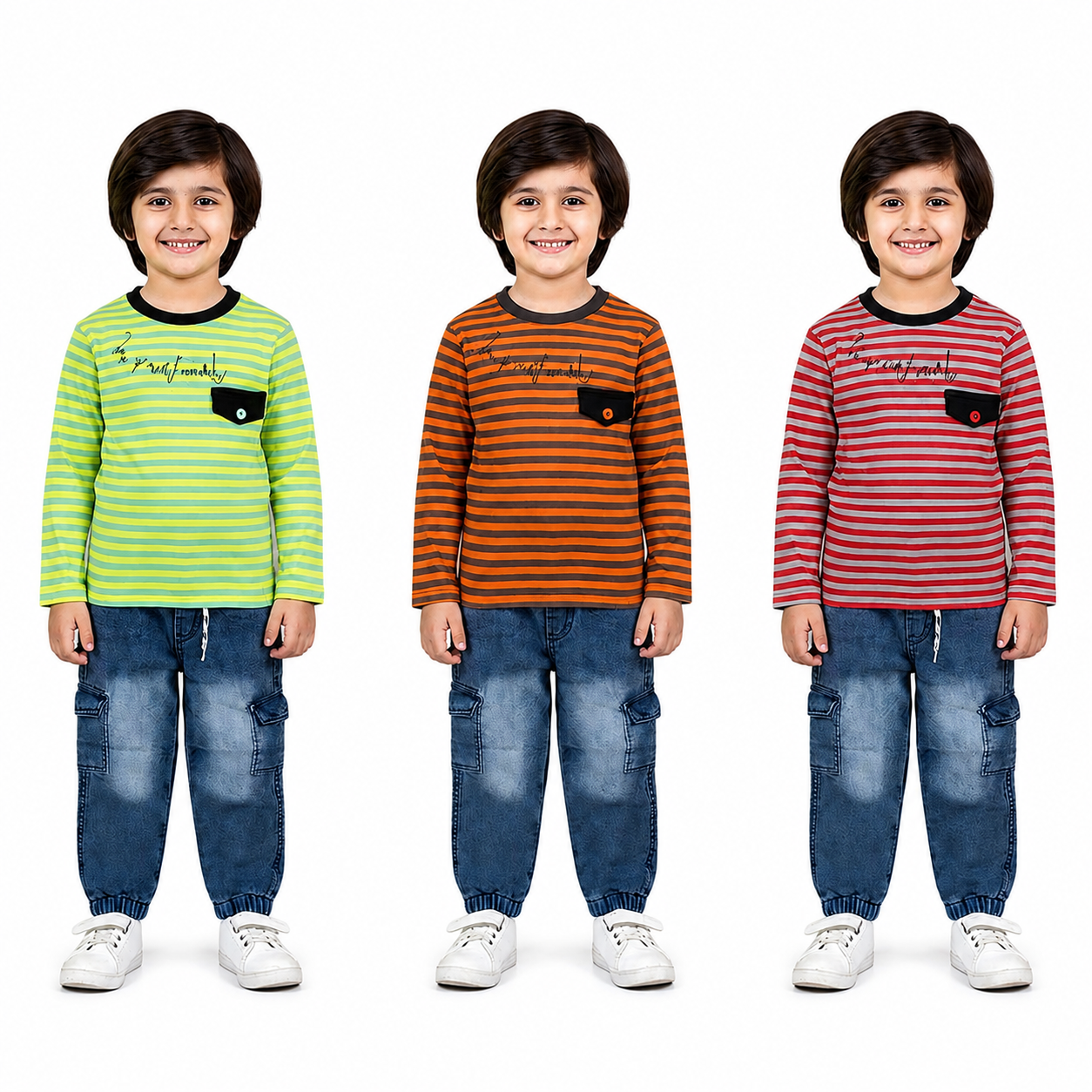 Boys Full Sleeve T-Shirt with Denim Cargo Jogger Pants | Kids Casual Outfit