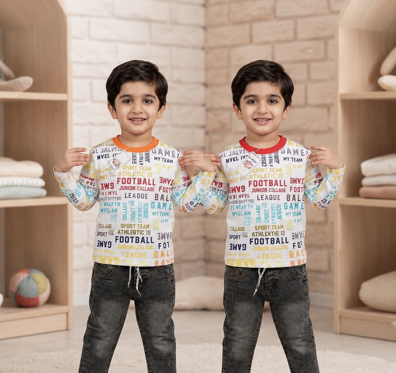 Boys Printed Full Sleeve T-Shirt with Denim Jeans | wilayat